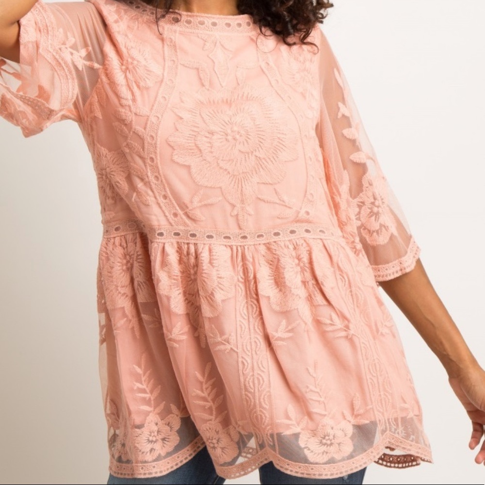 Pink Scalloped Embroidered Mesh Top NWT